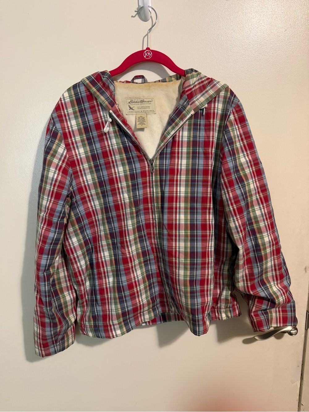 Eddie Bauer Red Multi-Plaid Hooded Raincoat